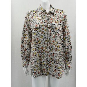 Madison Curvy Top Womens 1X Tan White Animal Print Sheer Button Up Office Preppy
